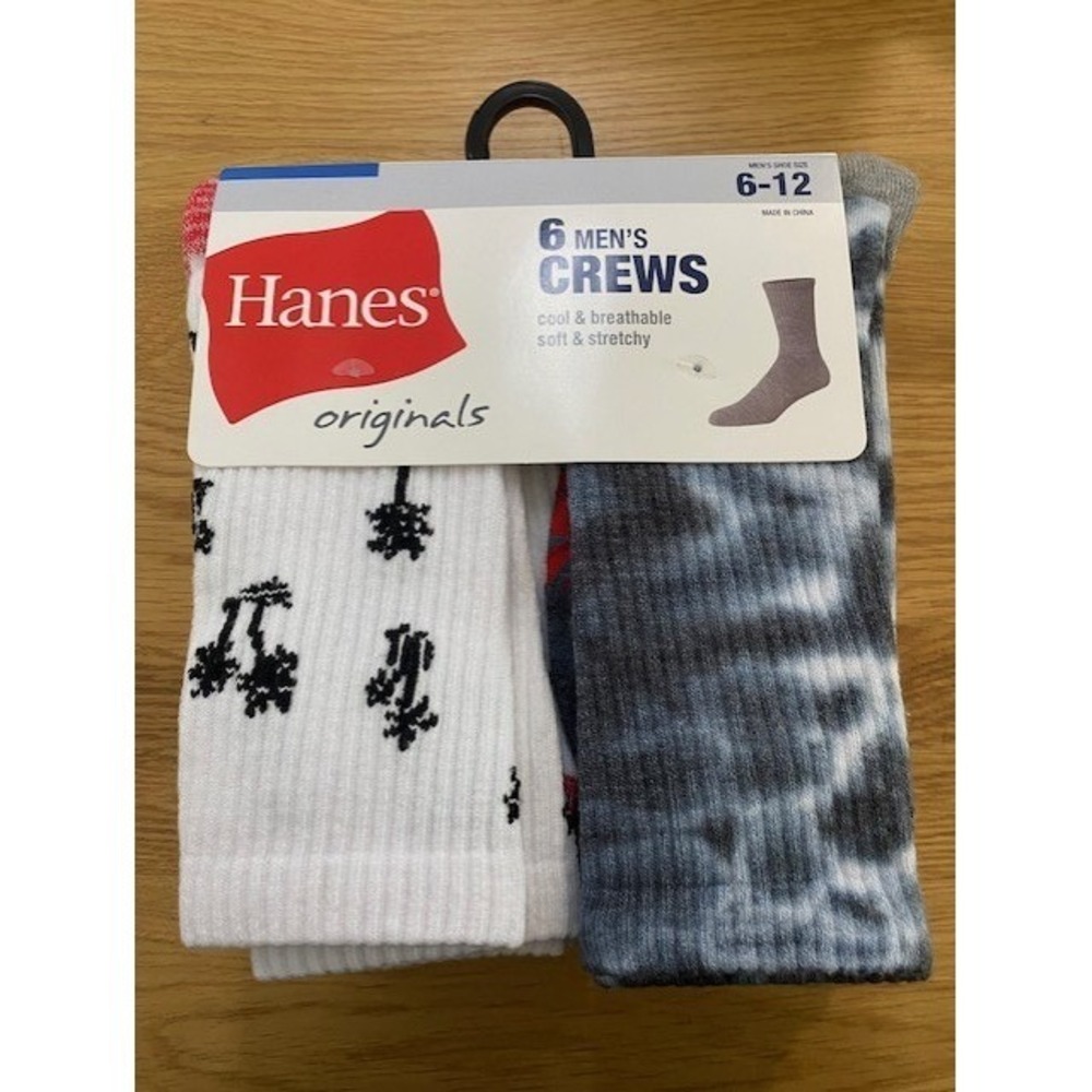 Hanes Crew Socks Men 6-12 Multicolor NEW 6-Pack Tie-Dye Palm Tree Originals